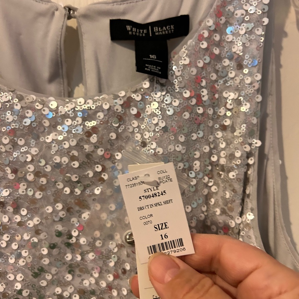NWT White House black market silver sequined lined shift dress
